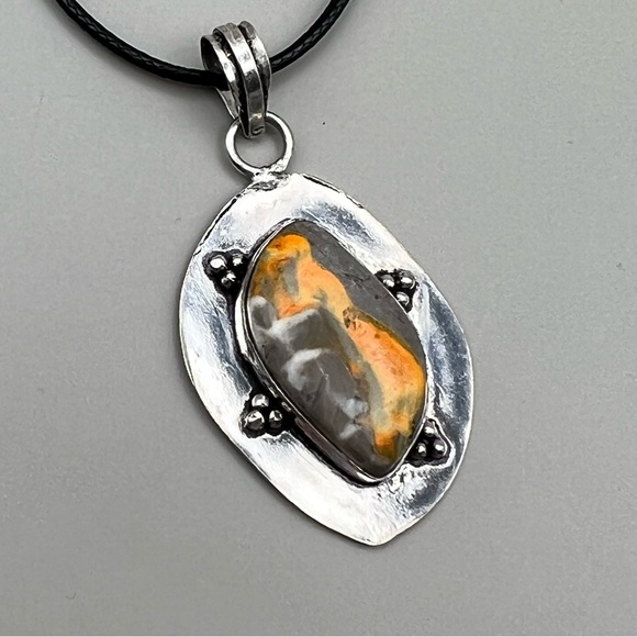 New Bumble Bee Jasper Stone Silver Overlay Pendant Necklace with Cord Bumblebee - Picture 2 of 7
